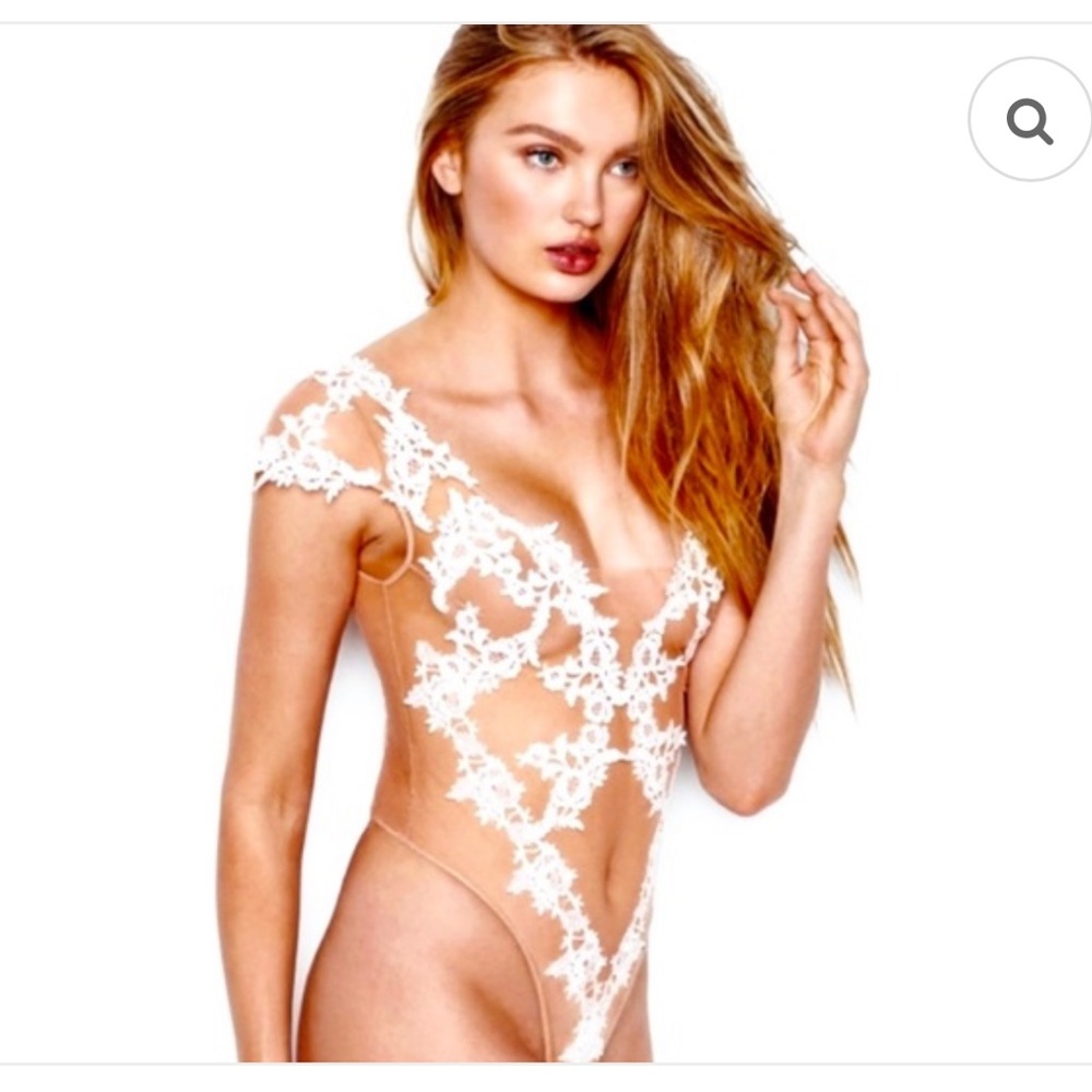 Victoria's Secret Sheer Nude Teddy with White Embroidery
